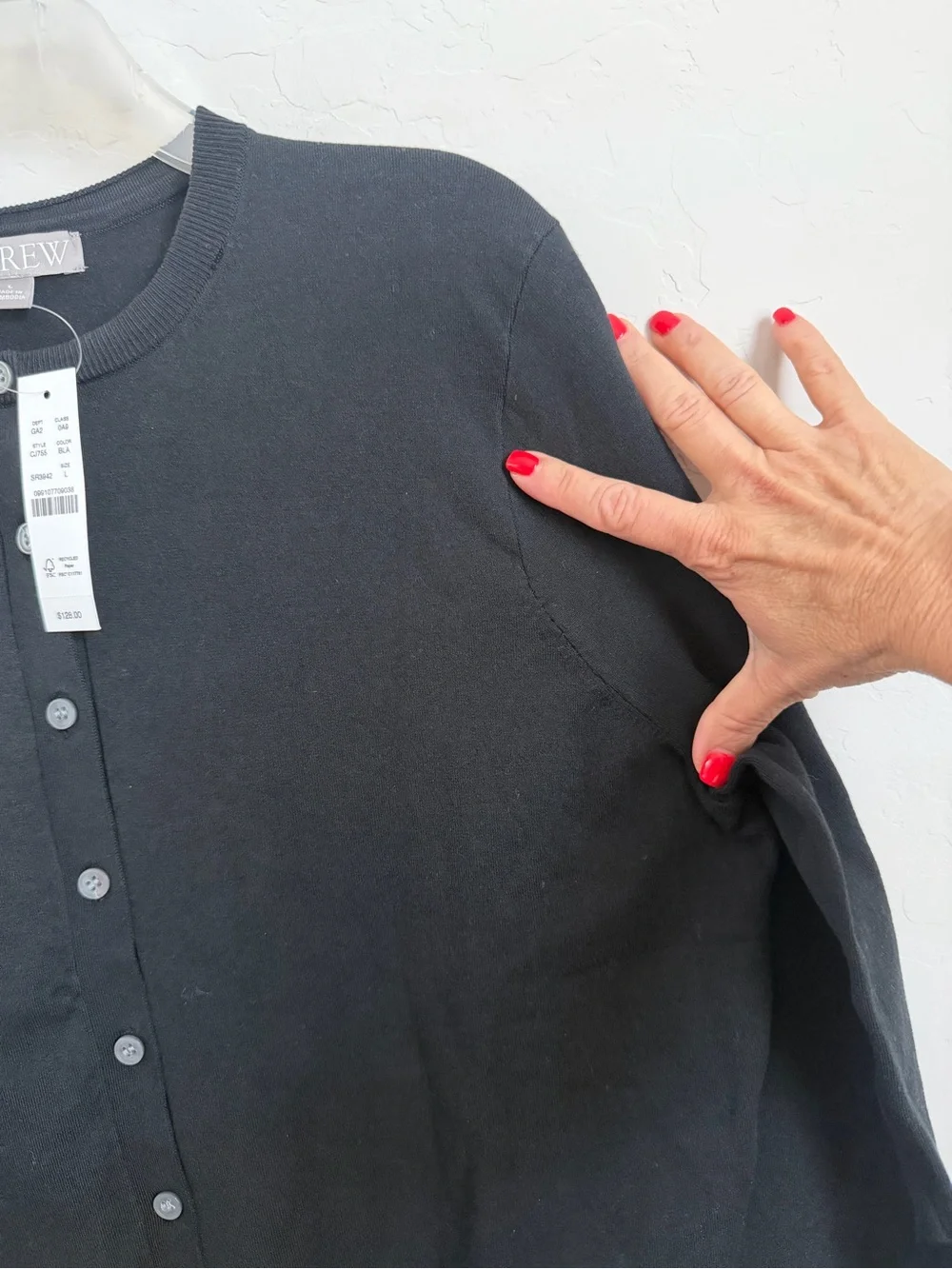NWT J.Crew Jackie Cardigan Sweater Black Cotton Blend Size Large | Repaired Seam